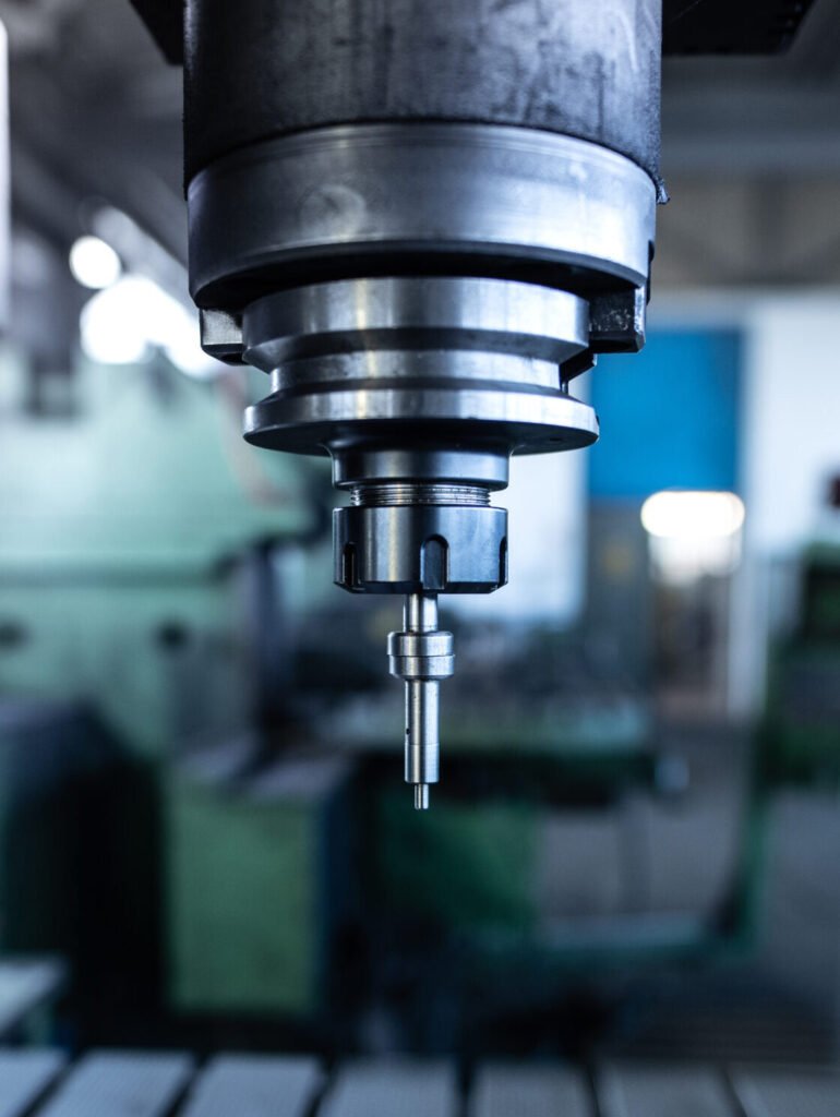 Industrial metal drill machine in metalworking workshop.